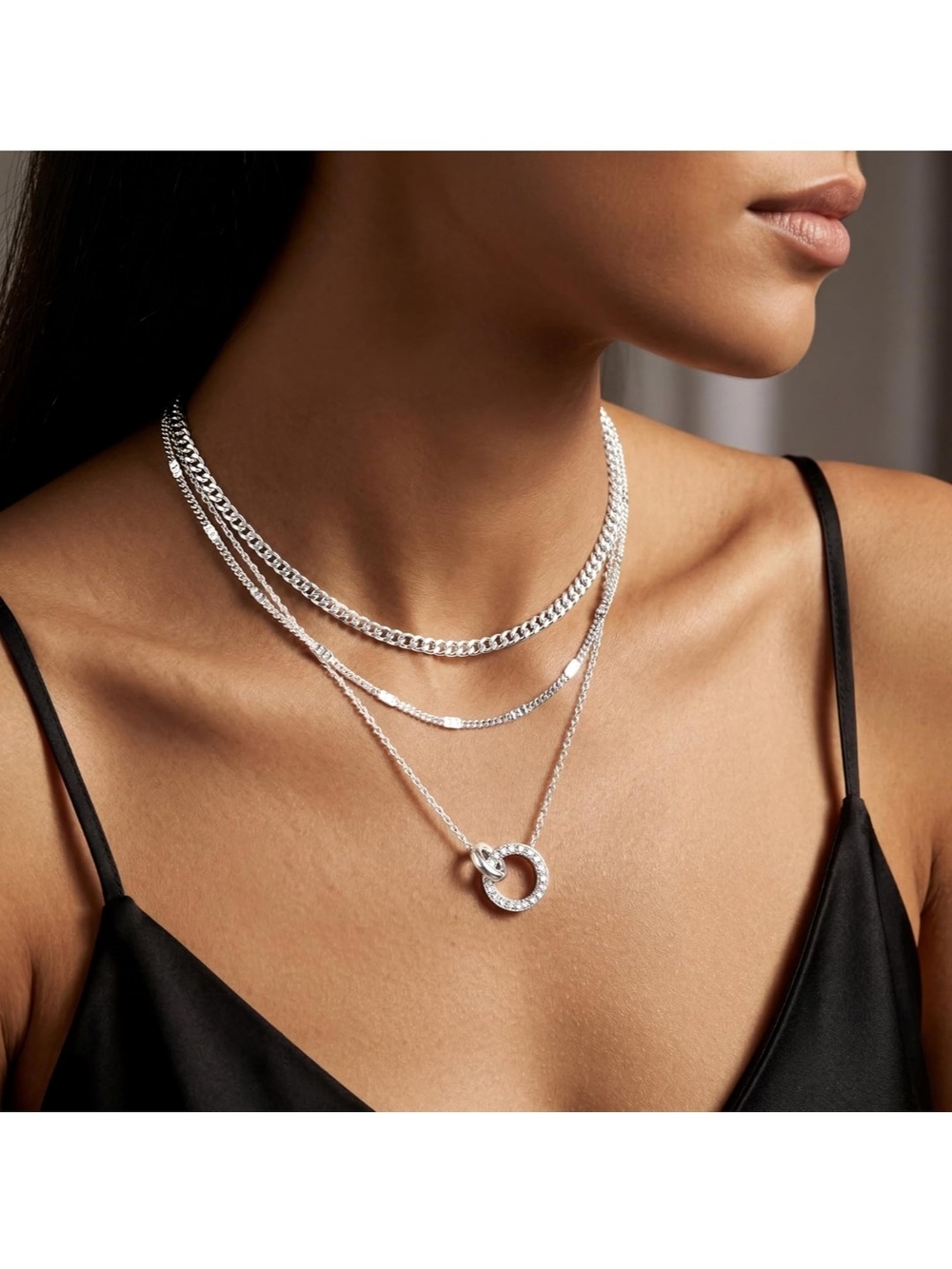 Silver Layered Necklace with Interlocking Circle Pendant - Silver - Picture 6 of 7